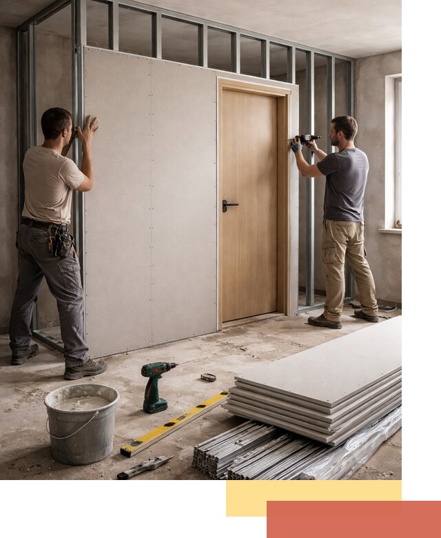 Перегородка из гипсокартона с дверью под ключ в Кушве