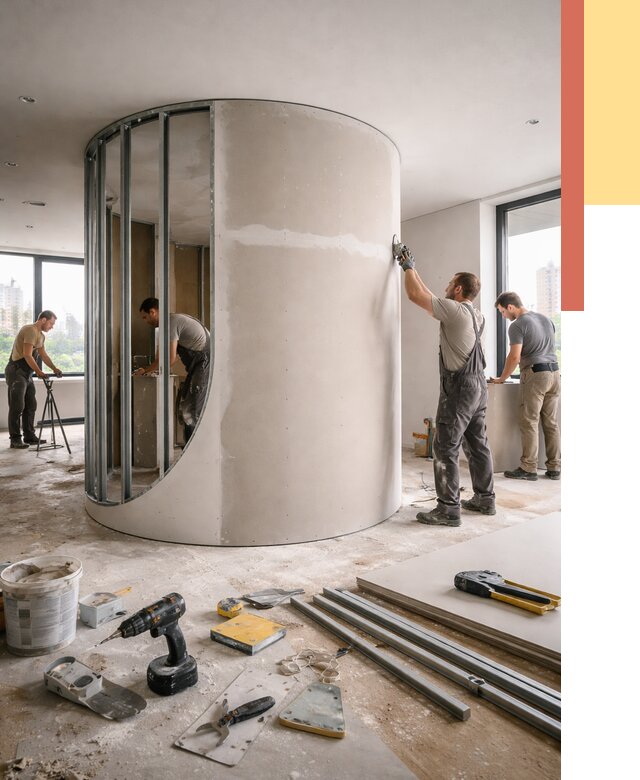 Радиусная перегородка из гипсокартона в Кушве от 2977 руб. под ключ | ОТДЕЛОЧНИК-Кшв