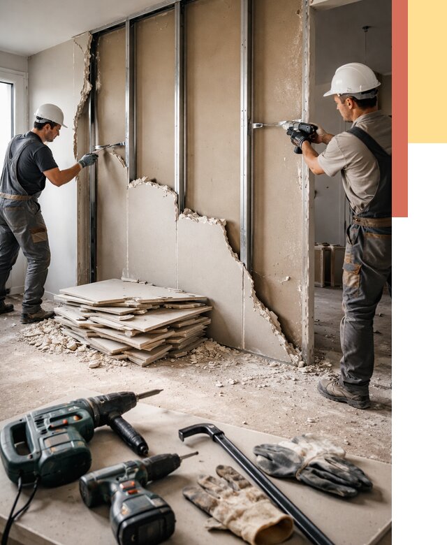 Демонтаж перегородки из гипсокартона в Кушве от 1232 руб. быстро и недорого | ОТДЕЛОЧНИК-Кшв