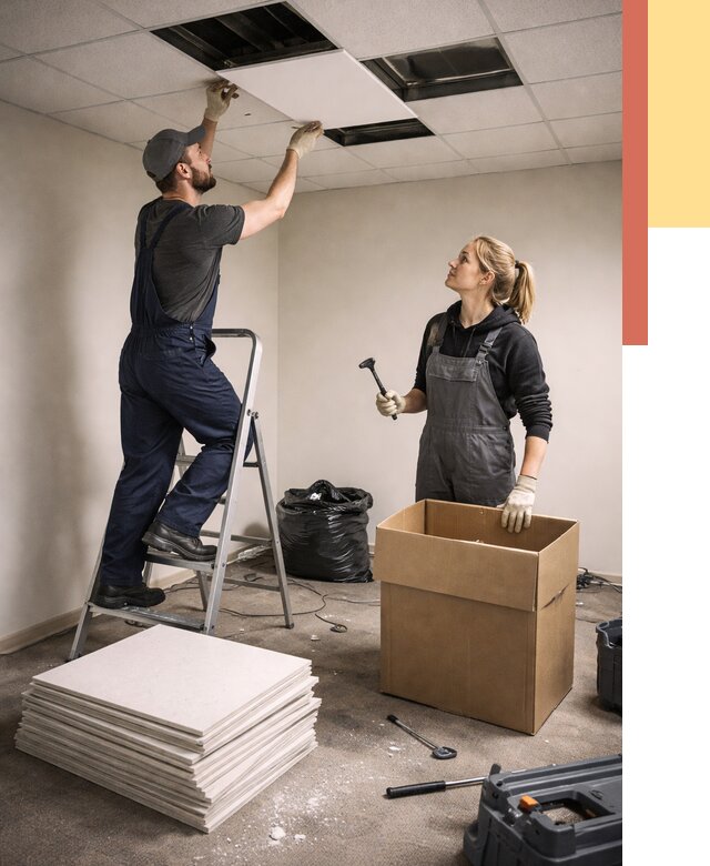 Демонтаж потолочной плитки в Кушве от 4619 руб. быстро и недорого | ОТДЕЛОЧНИК-Кшв