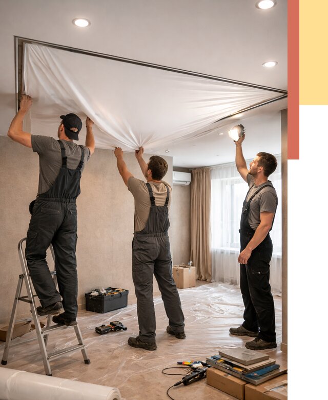 Монтаж ПВХ натяжного потолка в Кушве от 3593 руб. под ключ | ОТДЕЛОЧНИК-Кшв