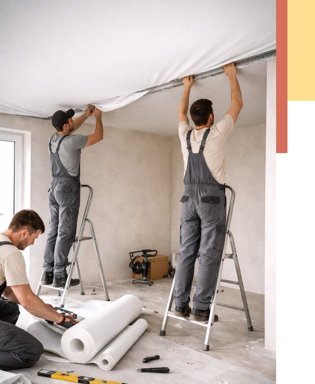 Монтаж тканевого натяжного потолка в Кушве от 3593 руб. под ключ | ОТДЕЛОЧНИК-Кшв