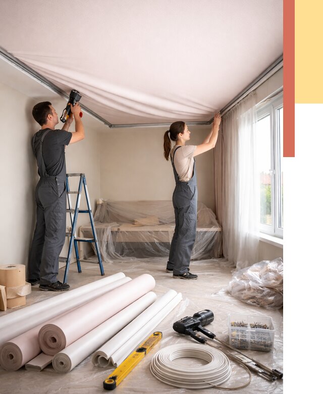 Монтаж цветного натяжного потолка в Кушве от 4311 руб/м² — быстро и недорого | ОТДЕЛОЧНИК-Кшв