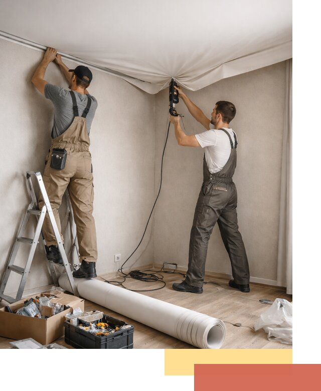 Монтаж цветного натяжного потолка в Кушве за один день