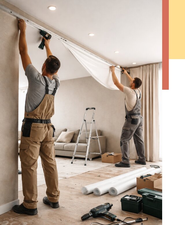 Монтаж натяжного потолка в гостиной в Кушве от 565 руб. | ОТДЕЛОЧНИК-Кшв