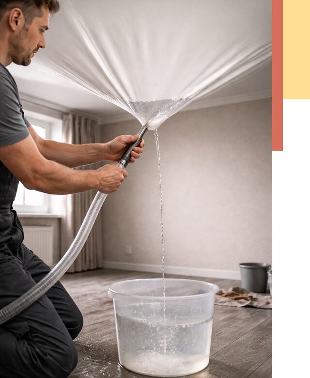 Слив воды с натяжного потолка в Кушве от 2566 руб. быстро и недорого | ОТДЕЛОЧНИК-Кшв