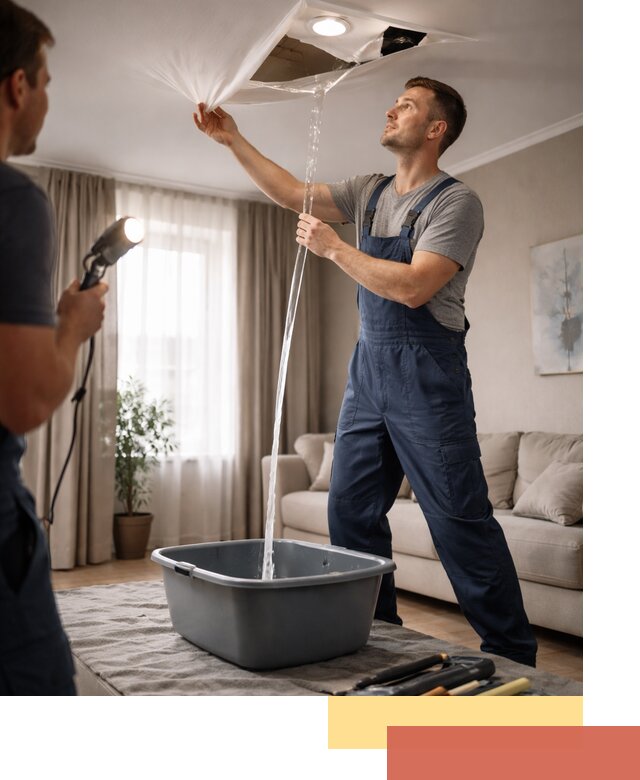 Слив воды с натяжного потолка в Кушве быстро и аккуратно