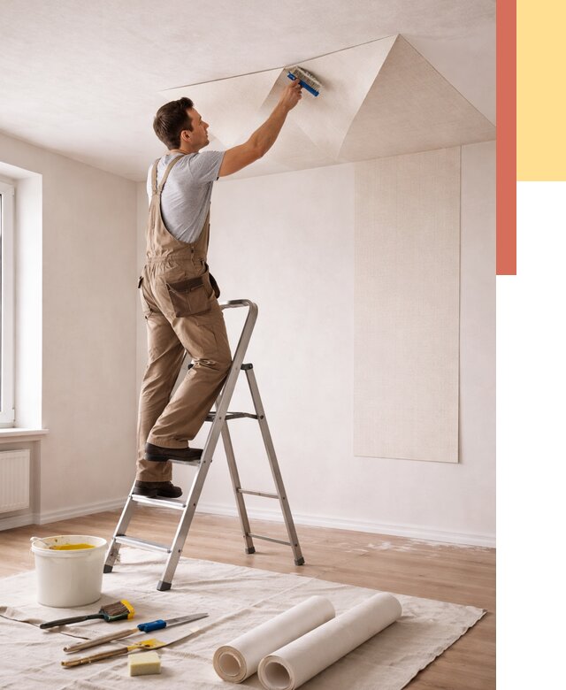 Поклейка обоев на потолок в Кушве от 4619 руб. быстро и недорого | ОТДЕЛОЧНИК-Кшв